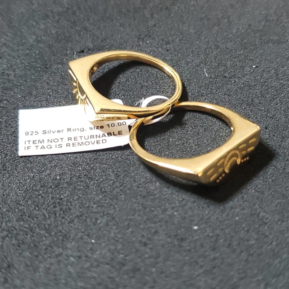 YG on Sterl Silver Set of Moon and Sun Talisman Signet rings - Picture 3 of 7